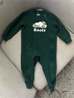 Roots Kids Dark Green Footed One-Piece with White Logo